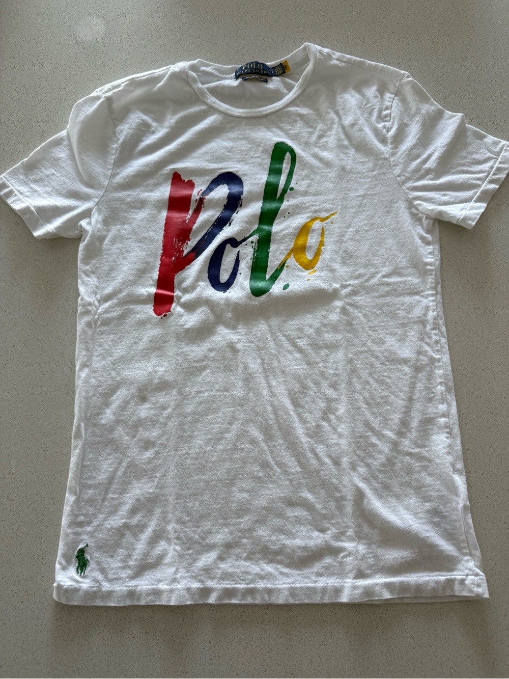 Ralph Lauren White Tee with Multicolor Polo Script